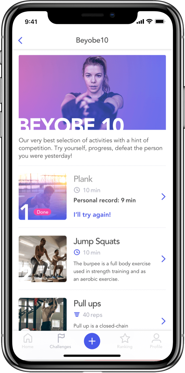 Beyobe workout challenges on phone